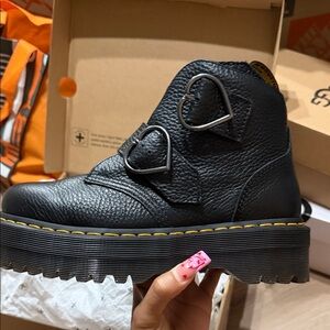 Black Leather Platform Ankle Boot with Heart Buckle